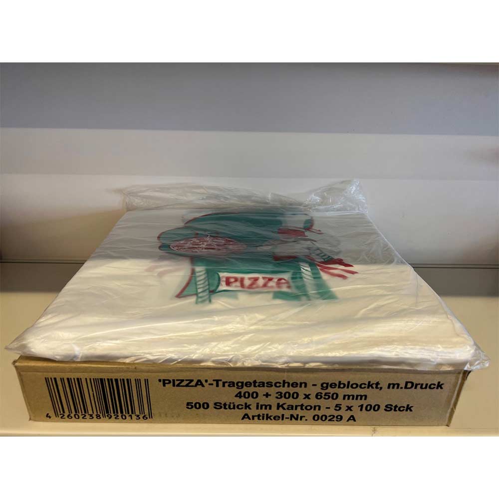 Pizzazaken gedrukt - Pizzadraagtassen Hdpe 40 x 30 x 65 cm 500 stuks