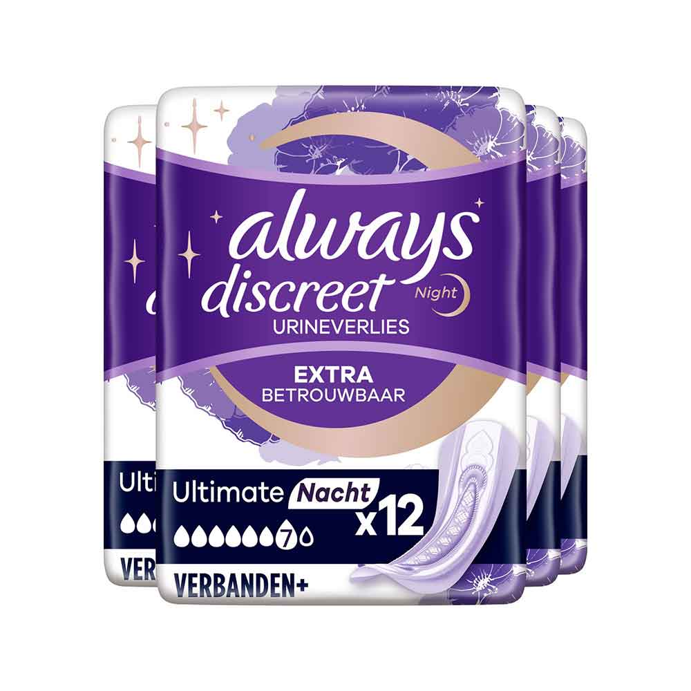 Always Discreet Verband voor Urineverlies - Plus Ultimate Night - Voordeelverpakking 4 x 12 stuks